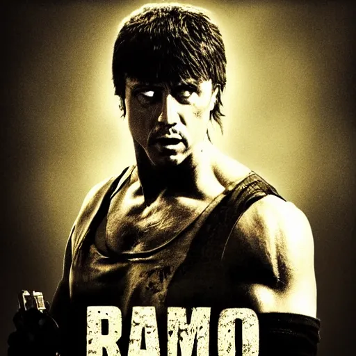 Prompt: rambo movie poster with black background