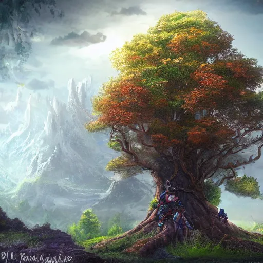 Prompt: world tree falls onto a lone dwarf, fantasy, epic, colossal, digital art, 8 k