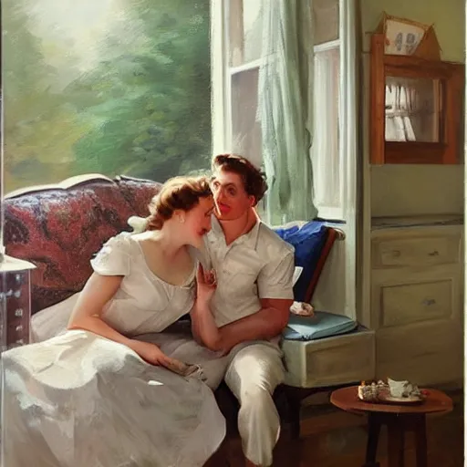 Image similar to 1 9 5 0 s americana, domestic scene with sam hyde and lena dunham, family, romantic, inviting, cozy, painting vladimir volegov