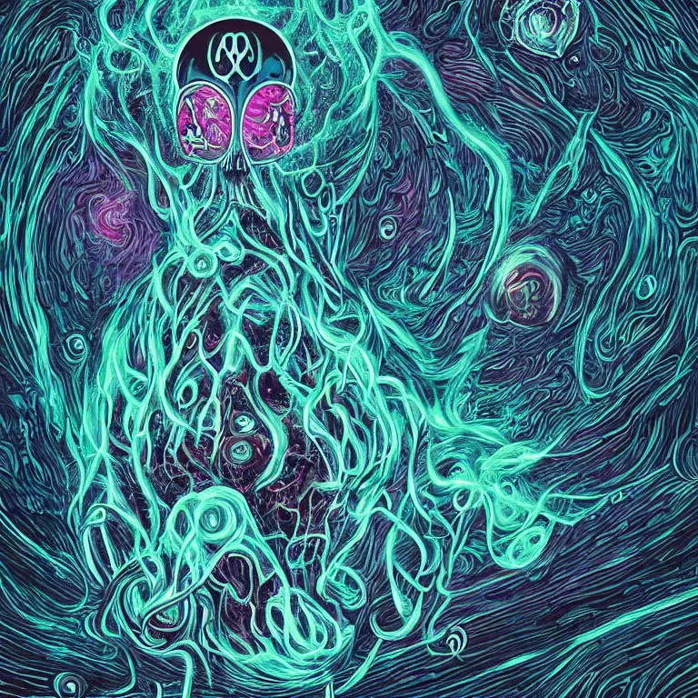 Image similar to a centered giant skull with intricate rune carvings and glowing eyes with thick lovecraftian tentacles emerging from a space nebula by dan mumford, symmetry, twirling smoke trail, a twisting vortex of dying galaxies, digital art, vivid colors, highly detailed
