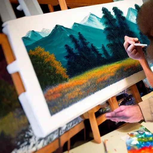 Prompt: a closeup photorealistic photograph of bob ross putting the finishing touches on a canvas painting that includes kenny powers. mountains and trees. film still. brightly lit scene. this 4 k hd image is trending on artstation, featured on behance, well - rendered, extra crisp, features intricate detail, epic composition and the style of unreal engine.