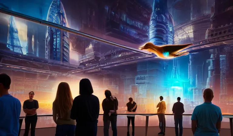 Prompt: crowd of people in large open museum, looking at hologram of futuristic city on a table, cinematic concept art, godrays, golden hour, natural sunlight, 4 k, clear details, tabletop model buildings, center model buildings, hologram center, crane shot, interior panorama