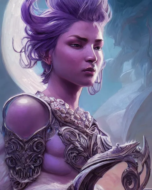 Image similar to Portrait of a Fantasy amethyst knight, moonlit, HD, illustration, epic, D&D, fantasy, intricate, elegant, highly detailed, digital painting, artstation, concept art, smooth, sharp focus, illustration, art by artgerm and greg rutkowski and alphonse mucha, monster hunter illustrations art book