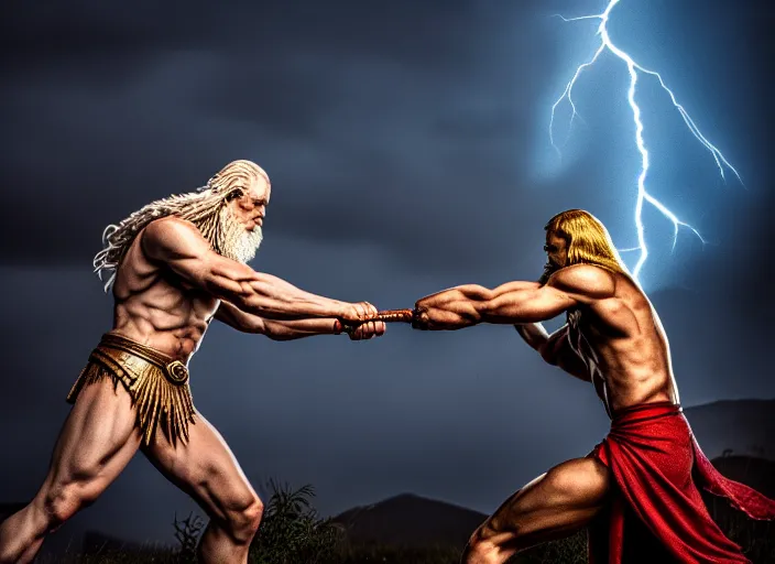 Image similar to photo of zeus throwing lightning spear at chronos. mythology style. highly detailed 8 k. intricate. lifelike. soft light. sony a 7 r iv 5 5 mm. [ cinematic post - processing ].