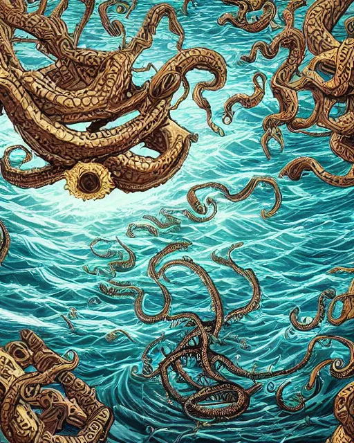 Image similar to An invisible Kraken in the middle of the sea, fantasy art, in the style of Dan Mumford, illustration, epic, fantasy, intricate, hyper detailed, artstation, concept art, smooth, sharp focus, ray tracing