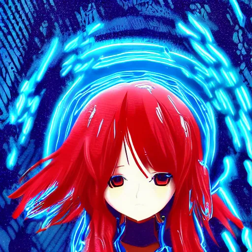 Prompt: digital anime!!, cyborg - girl standing in a azure blue crystal lake, lightning, raining!!, water refractions!!, black red long hair!, biomechanical details, neon background lighting, reflections, wlop, ilya kuvshinov, artgerm