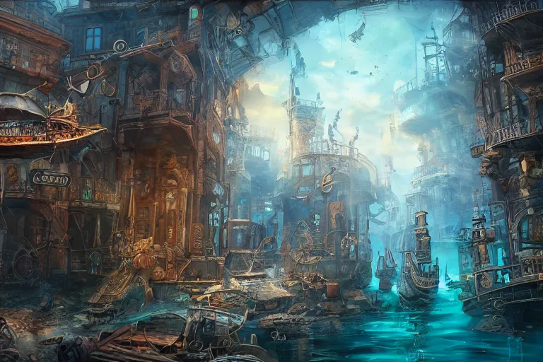 Image similar to a steampunk istanbul, underwater, digital painting, mixed media, trending on artstation and deviantart, epic composition, highly detailed, 8 k