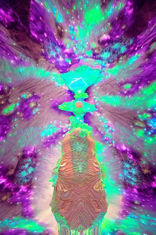 Image similar to a crystalline 3 d mandelbulb fractal in the shape of a lamb, bioluminescent opal, fractal, magnificent lighting, ethereal, ray tracing, octane, holographic, portrait