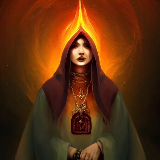 Image similar to ( a priestess with a hood that covers half her face carries an incense burner that emits a pleasantly colored flame. ) by anato finnstark, dream, full body portrait, dynamic lighting, beautiful, trending on artstation, wallpaper, 4 k, award winning, digital art, very detailed faces