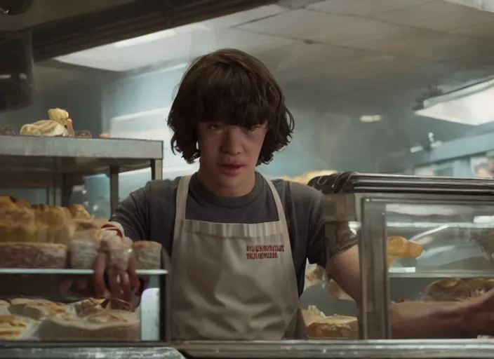 Prompt: film still of the demogorgon working in a bakery in the new stranger things movie, 4 k, highly detailed face, detailed eyes