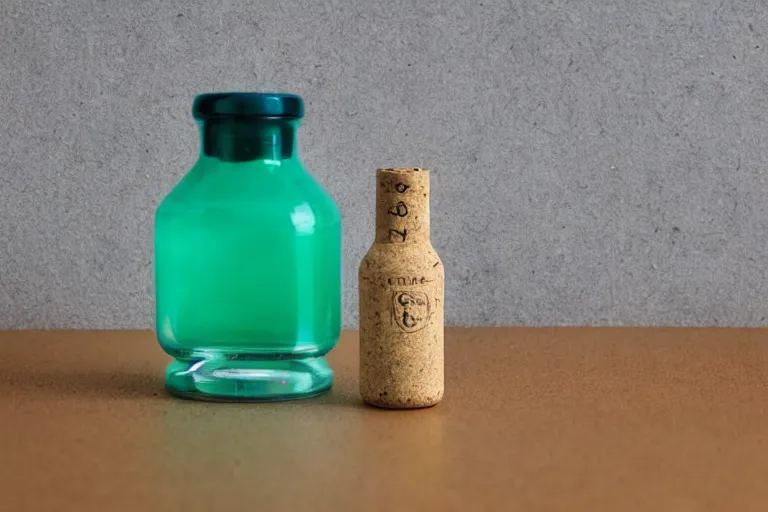 Image similar to small potion with a cork top filled with a green and turquoise gradient liquid, on a desk, old film photo