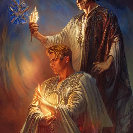 Image similar to attractive male deity casts light spell, summons attractive male lucifer morningstar. highly detailed painting by gaston bussiere, craig mullins, j. c. leyendecker 8 k