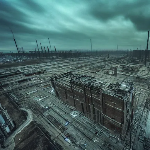 Prompt: Stunning, breathtaking, elaborately detailed photo of an endlessly sprawling dystopian industrial district at dusk. There are countless factories, power plants, warehouses, and construction sites. Scaffolding, fire escapes, and power lines can be seen. Illumination emanates from distant windows and floodlights. urban decay, desolate, ominous, foreboding, moody, eerie, creepy, Sigma 85mm f/1.4