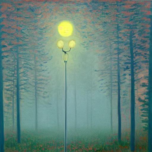 Prompt: Moon on a lamppost in the forest by Simon Stålenhag and Claude Monet, oil on canvas