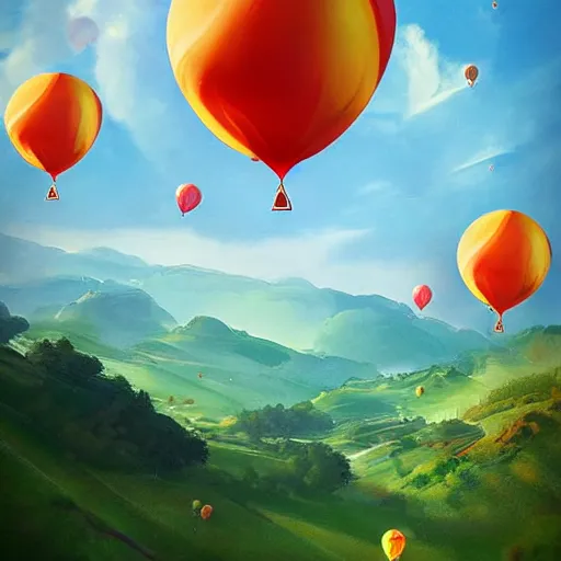 Image similar to digital art of plenty of birthday balloons floating above a beautiful countryside. artstation cgsociety masterpiece