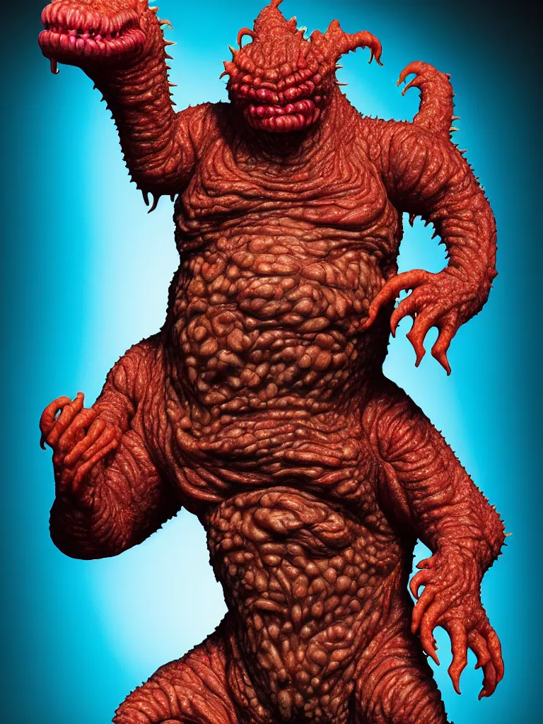 Image similar to hyperrealistic rendering, fat cronenberg flesh monster smooth kaiju by art of skinner and richard corben and jeff easley, product photography, action figure, sofubi, studio lighting, colored gels, rimlight, backlight