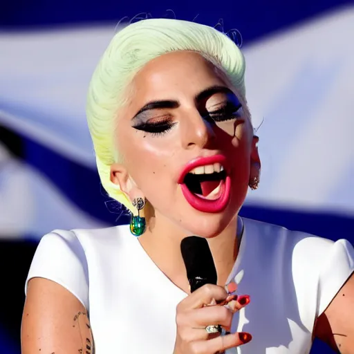 Image similar to Lady Gaga as president, Argentina presidential rally, Argentine flags behind, bokeh, giving a speech, detailed face, Argentina