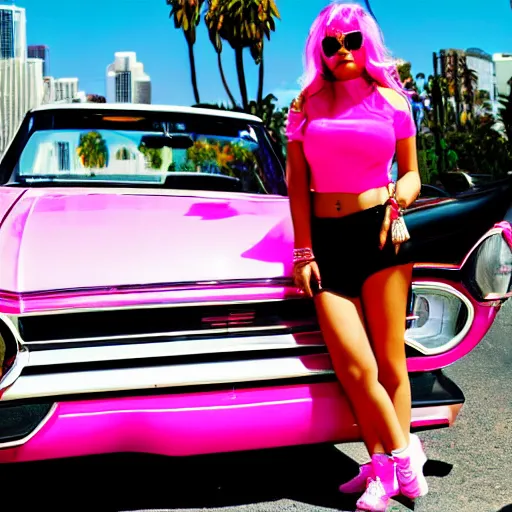 Prompt: Young woman in Los Angeles driving pink lowrider, high contrast, photo