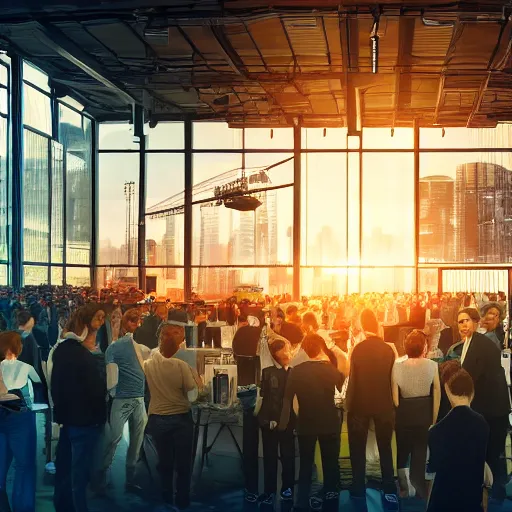 Image similar to large group people in open warehouse, looking at hologram of futuristic city on a table, cinematic concept art, godrays, golden hour, natural sunlight, 4 k, clear details, tabletop model buildings, tabletop model, hologram center table, crane shot, crane shot, crane shot, vr users foreground