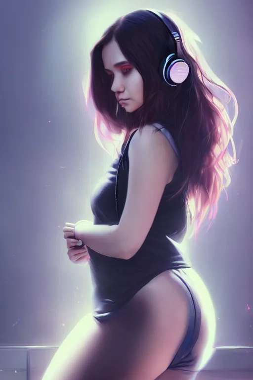 Image similar to beautiful full portrait of a girl, brunette curvy long hair, full - body shot, wearing cyberpunk headphones, streetwear, like a fashion model + high detailed, resolution beautifully detailed landscape trending on artstation 8 k, cinematic, epic detailed trending on artstation 8 k, by bukurote + krenz cushart + ryota - h + wlop