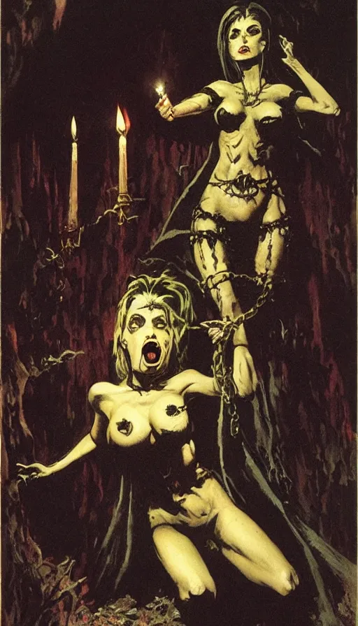 Image similar to carmilla vampire, gothic horror, by frank frazetta, candlelit catacombs