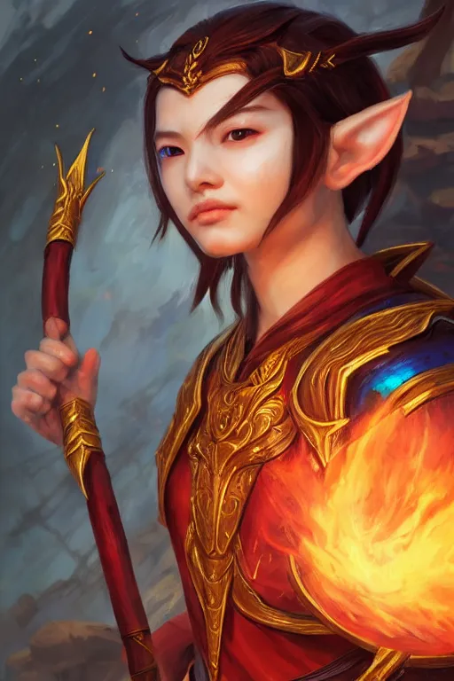 Image similar to a masterpiece portrait of nezha, young elf prince holding spear, flame everywhere, epic pose, fantasy character portrait, closeup shot, hyper detailed, digital painting, 8 k realistic, trending on artstation, sharp focus, dof, by fenghua zhong, artgerm, ne zha from smite, jeff easley, raymond swanland