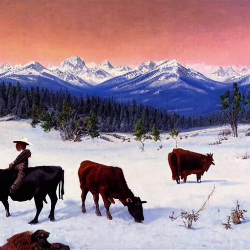Image similar to an extremely detailed matte painting of a rancher feeding the animals at sunrise on the first day of spring, huge rocky mountains in the background, tall rancher wearing a cowboy hat, dogs, cows, sheep, chickens, ducks, 4 k, ranch the morning after a light snowfall, by bob ross and norman rockwell