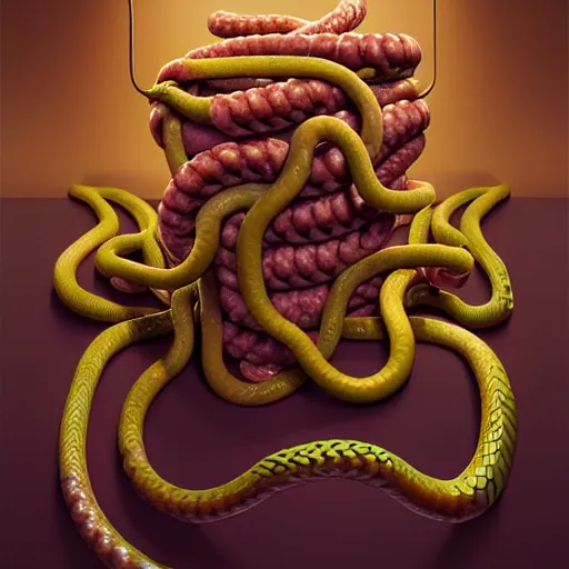 Prompt: medusa with sausages instead of snakes. no snakes. intricate abstract. intricate artwork. by tooth wu, wlop, beeple, dan mumford. trending on artstation, greg rutkowski very coherent symmetrical artwork. cinematic, hyper realism, high detail, octane render, 8 k, iridescent accents
