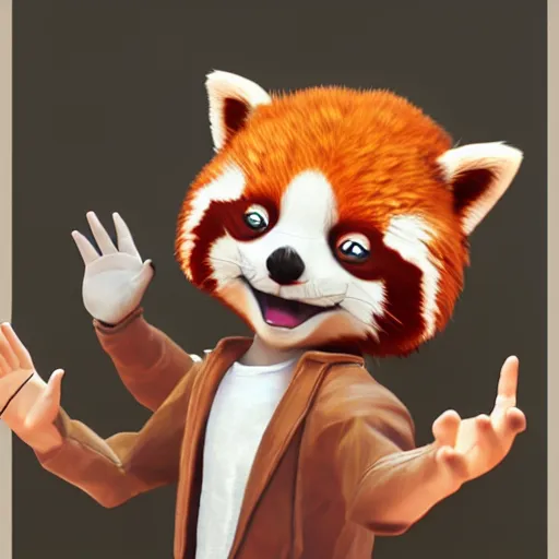 Prompt: friendly cartoon red panda waving hand at viewer, photorealistic game art, artstation