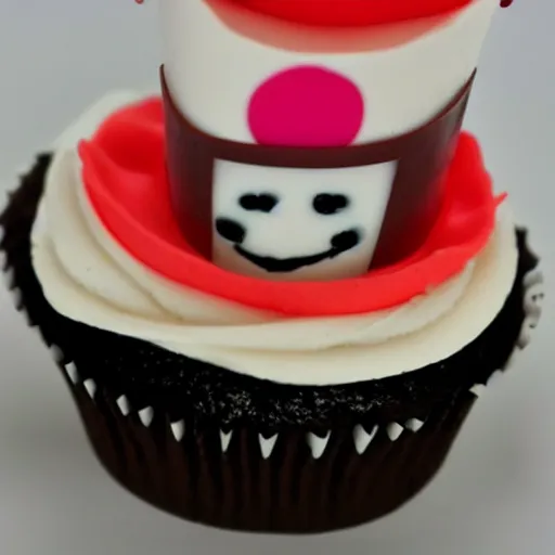 Prompt: A cupcake with a face and a top hat