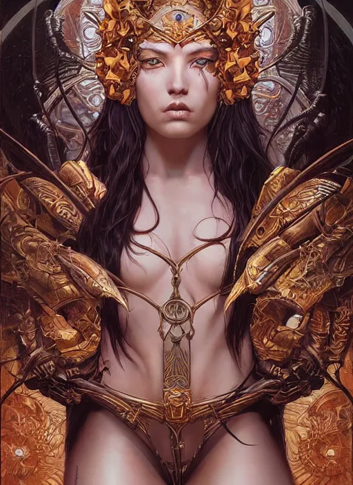 Image similar to a highly detailed symmetrical painting of a female model fantasy amazon with piercing beautiful eyes, trending art by artgerm and karol bak and mark brooks and donato giancola and bayard wu and gustav moreau and wayne barlowe