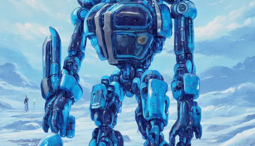 Image similar to an intricate oil painting of a giant pristine icey blue metal anime humanoid mecha with rounded components by simon stalenhag, icey tundra background