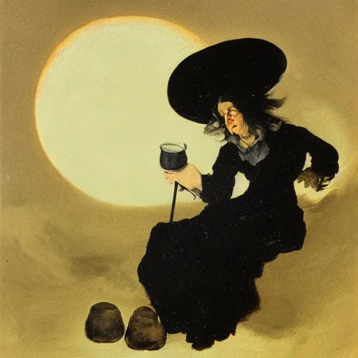 Image similar to An old wrinkled witch dressed in black stirring her cauldron under the moon light. Oil painting by Francisco de Goya.