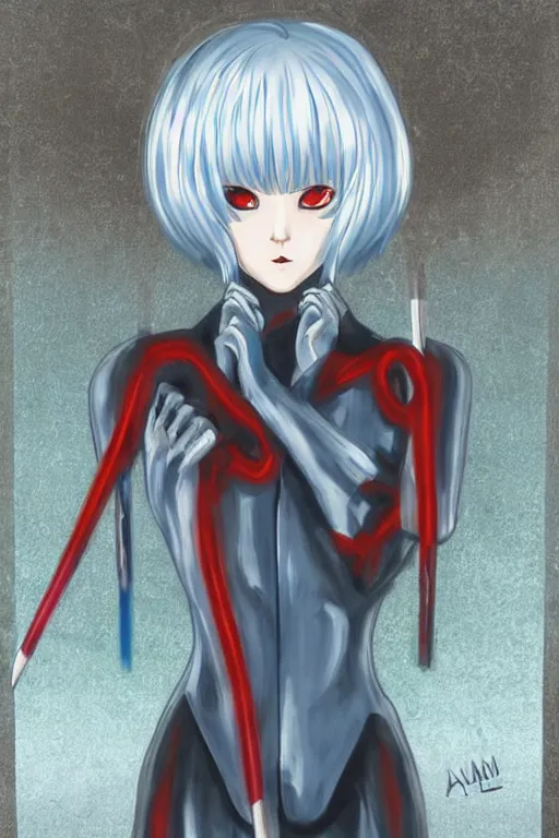 Image similar to rei ayanami, fantasy painting, grimdark, symmetry