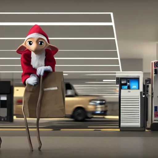 Prompt: dobby the elf robbing a gas station, volumetric lighting, octane render, 4 k resolution,