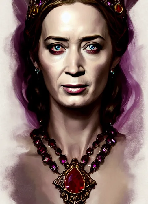 Image similar to portrait of emily blunt as witch queen, jewelry, greek, ruby, victorian age, 1 8 9 0, intricate, headshot, key visual, conceptart, ambient lighting, highly detailed, digital painting, artstation, concept art, sharp focus, by makoto shinkai and akihiko yoshida and greg manchess