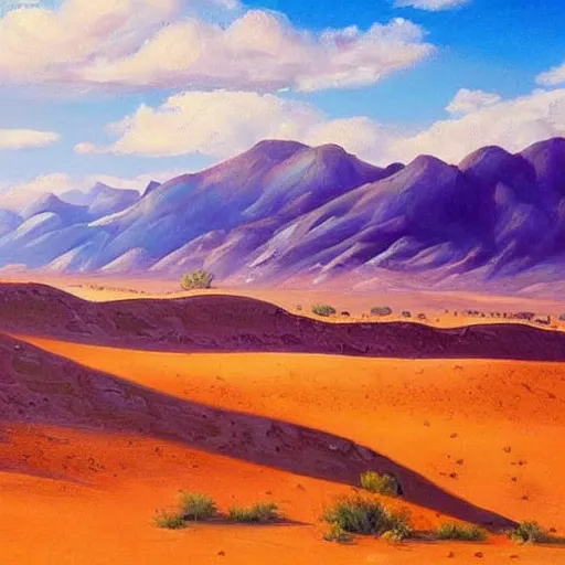 Image similar to this painting is simply stunning. it is a beautiful landscape painting of a desert scene, with mountains in the background and a bright sky. the detail is amazing. it is a truly beautiful painting.