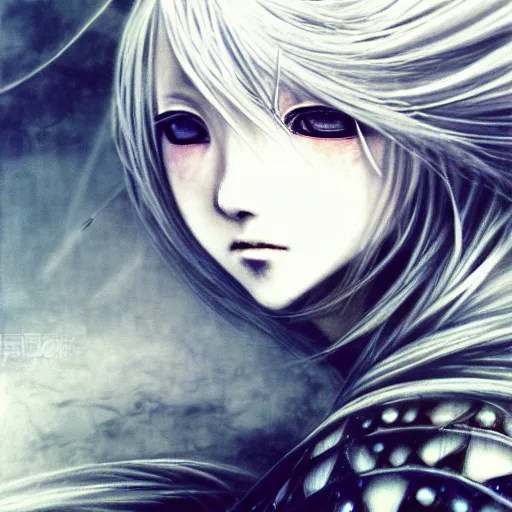 Image similar to yoshitaka amano blurred and dreamy realistic illustration of an anime girl with wavy white hair and cracks on her face wearing elden ring armour with the cape fluttering in the wind, abstract black and white patterns on the background, noisy film grain effect, highly detailed, renaissance oil painting, weird portrait angle