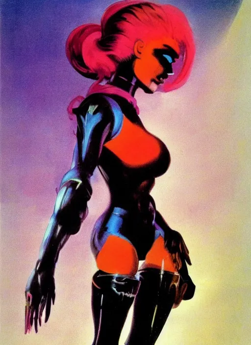 Image similar to female evil android, neon hair, glowing skin, strong line, saturated color, beautiful! coherent! by frank frazetta, high contrast, minimalism