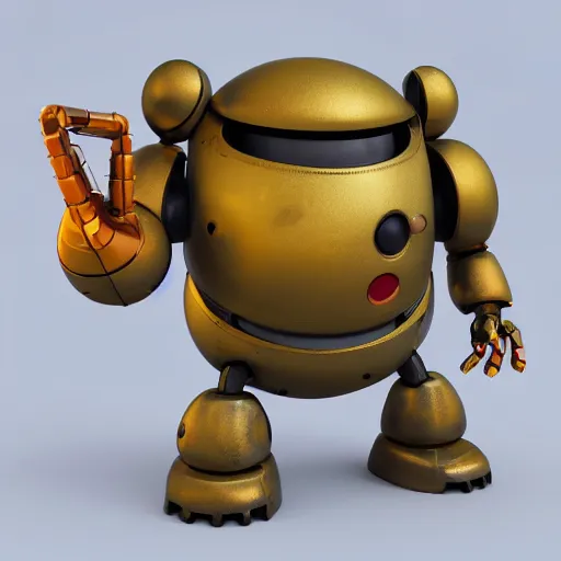 Image similar to a small chubby bot, colourful, smooth panelling, one large gold eye intricate detail, style of pokemon, with damaged rusty arms, broken antenna, recycled, floating, white studio, oil, mechanical, cute toy, ambient light, in the style of pixar animation, pokedstudios, blender, octane render, 8 k,