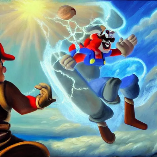 Prompt: mario fighting zeus, style of myth, oil painting