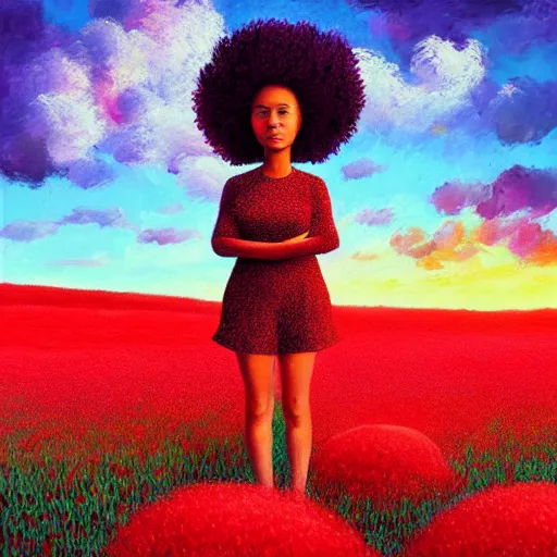 Prompt: large red flower afro, girl standing in a field with flowers, surreal photography, hills, big trees, sunrise dramatic light, impressionist painting, colorful clouds, digital painting, pointillism, artstation, simon stalenhag