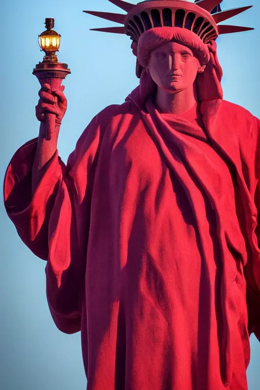 Prompt: award winning photo of the Statue of Liberty at Ellis Island wearing red robe, white bonnet dramatic, cinematic lighting, 4k