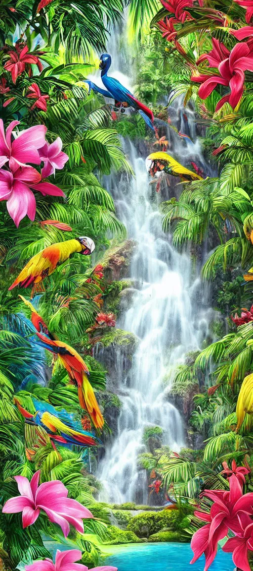 Prompt: cascading concept art of an exotic garden with waterfall pools, macaw parrots flying, flowers and palm trees, plumeria, detailed, highly detailed, aesthetic, realistic, hyper realism, colorful, in depth, intricate,