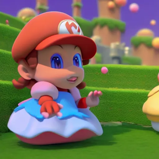 Image similar to 3 d doja cat in the style of nintendo's super mario galaxy, doja cat dressed as princess peach, brown skin, cute beautiful, video game, octane render, artistic, dynamic colors, hideo miyazaki, video game art, 3 d platformer character, bright, fun, smiling, highly detailed, octane render 8 k