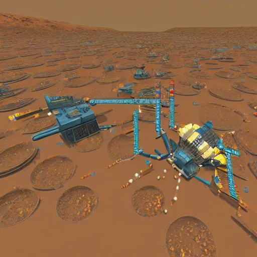 Image similar to a technical blueprint, voxel based world, space mining station on the surface of mars, myriad of interconnected yellow drop pod structures, connected via tubes