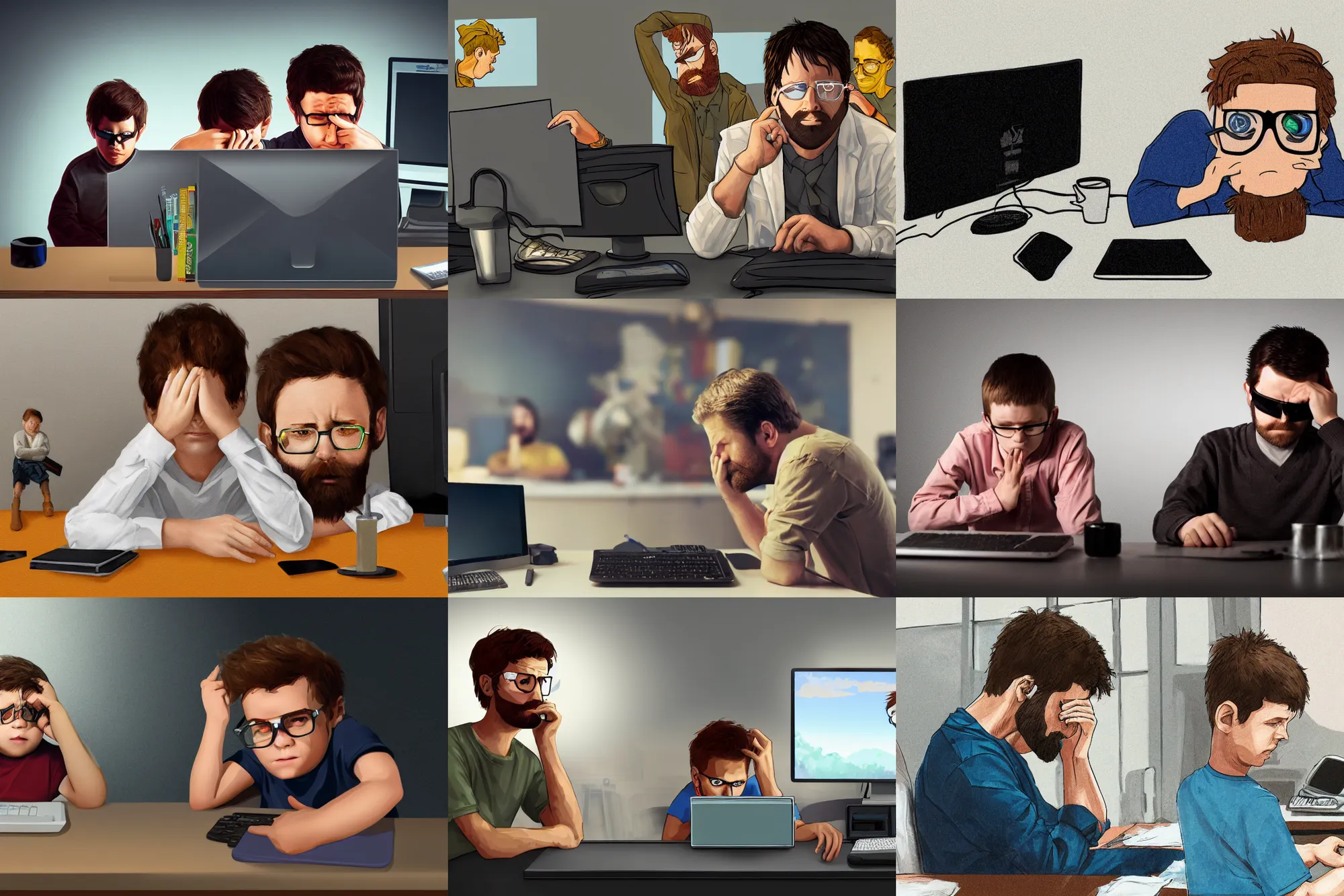 Prompt: hangover man sitting behind computer. sad kid staying at right of the man. high detail, trending on artstation
