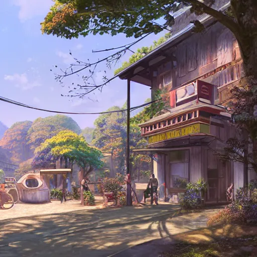 Image similar to concept art painting of a historic bakery with european and japanese architecture, in a woodland village surrounded by trees, in a mountain valley, realistic, detailed, cel shaded, in the style of makoto shinkai and greg rutkowski and james gurney