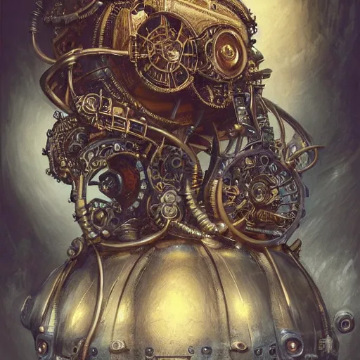 Image similar to low angle shot of a steampunk pc by clive barker, intricate, elegant, highly detailed, centered, digital painting, artstation, concept art, smooth, sharp focus, illustration, artgerm, Tomasz Alen Kopera, Peter Mohrbacher donato giancola, Joseph Christian Leyendecker, WLOP, Boris Vallejo.