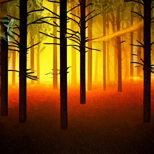 Prompt: A realistic detailed photo of a fire in the forest, dead trees, fire, fire particles, red lights, foggy landscape, light particles, sunset, detailed light, realistic shaders, trending on artisation, detailed textures, detailed, realistic.